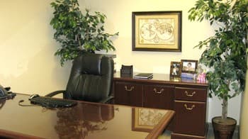 The same office after re-design: plants, framed map, clear desk
